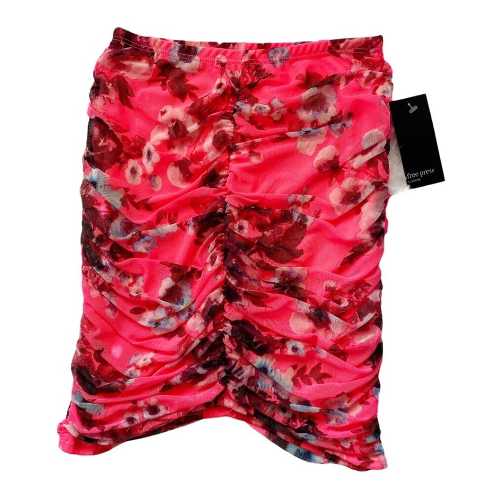 NWT Free Press Ruched Mini Skirt Pink Floral Pattern Stretchy Size Small